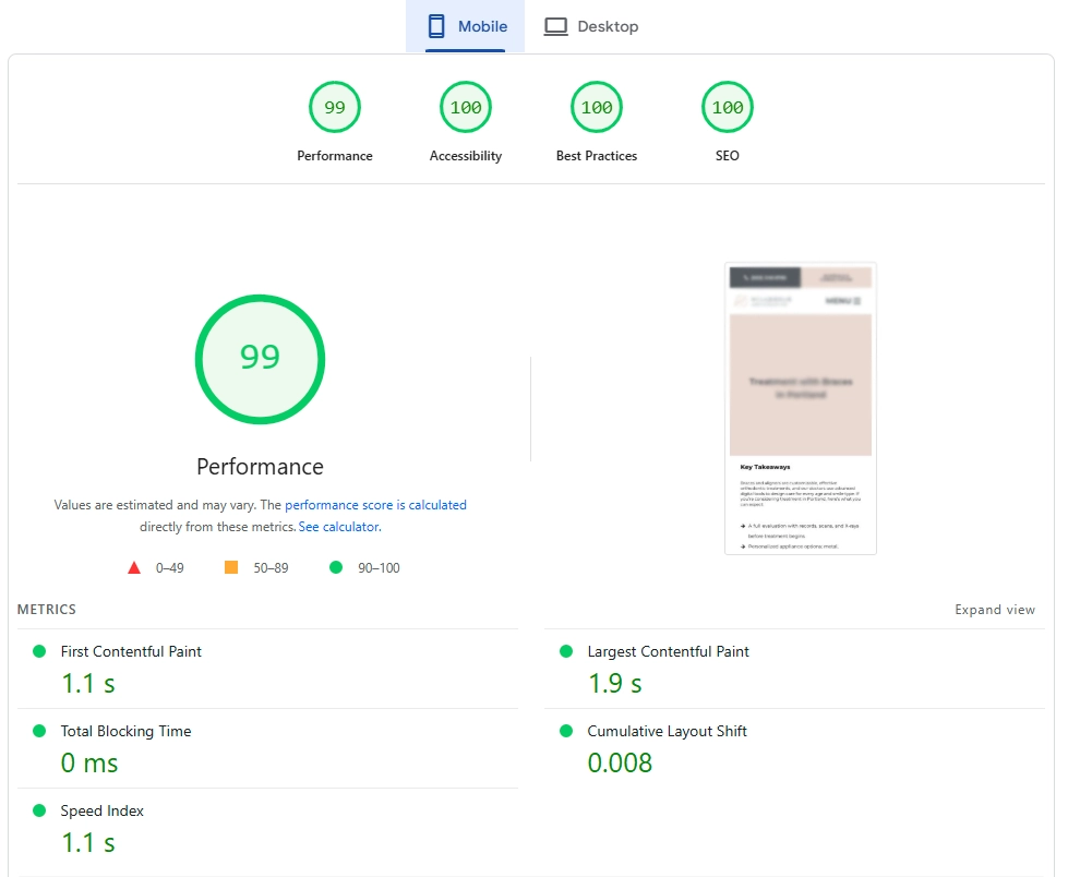 Mobile Lighthouse performance report showing 99 performance, 100 accessibility, 100 best practices, and 100 SEO for a client website.